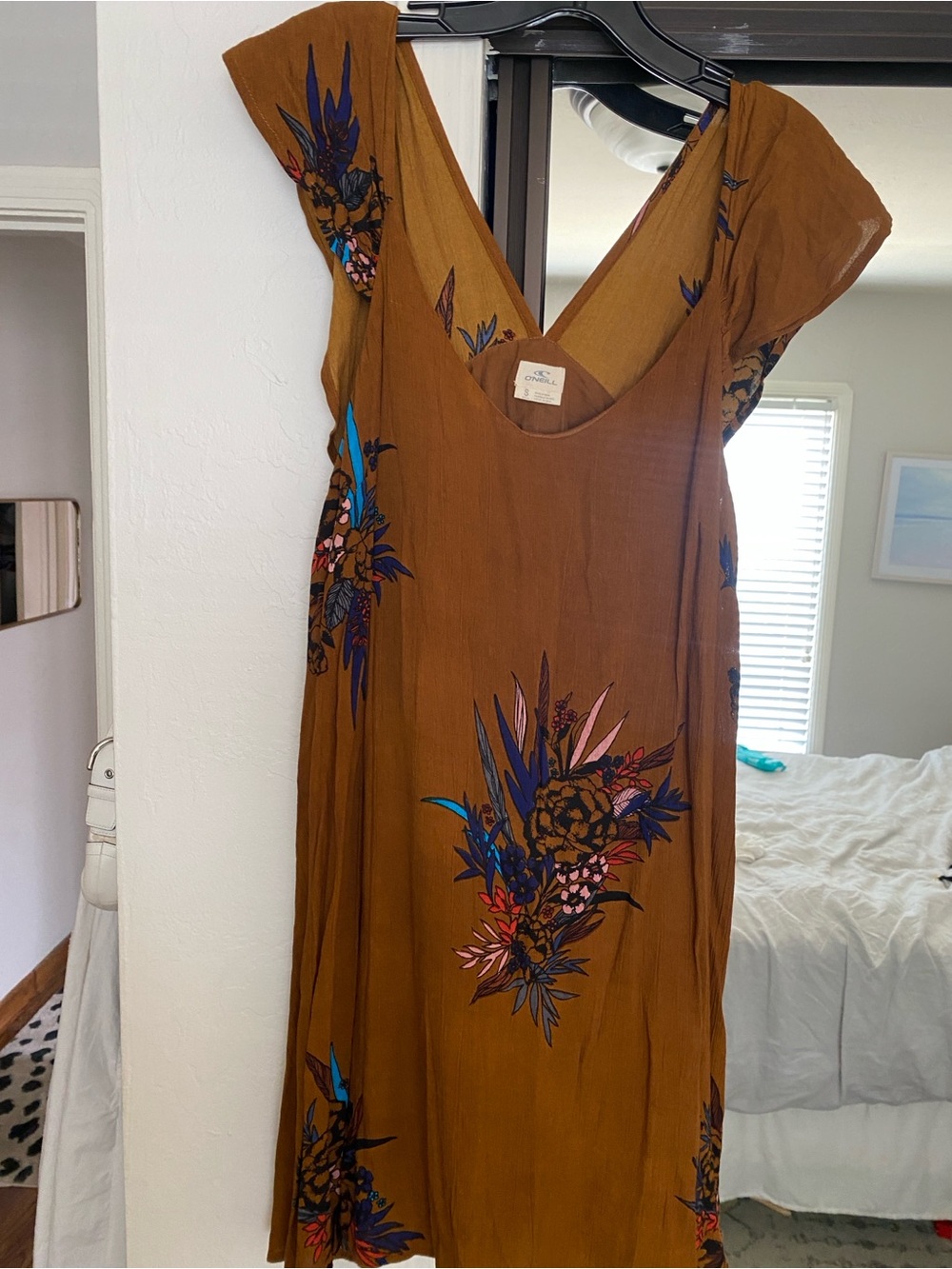 O'Neill Rust Brown Floral Mini Dress with Blue and Pink Accents